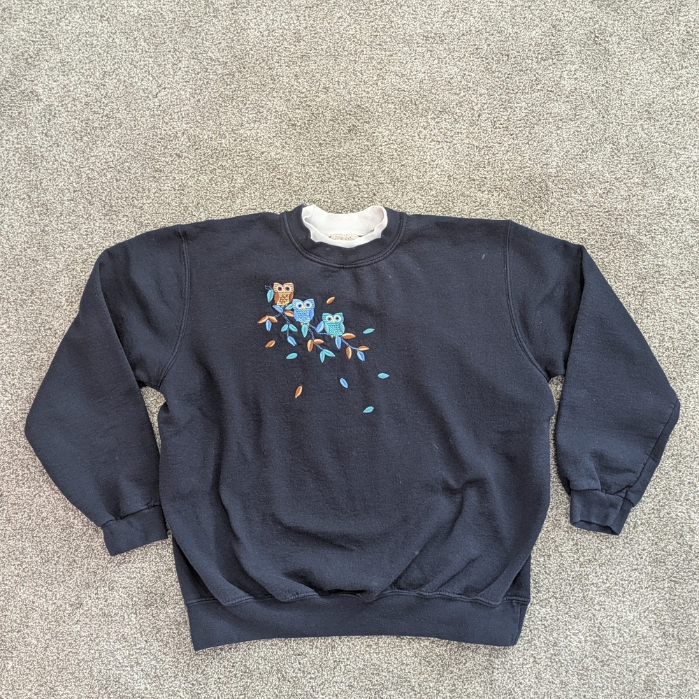 Vintage Top Stitch Morning Sun Navy Sweatshirt Owls Bird Embroidered Size Large